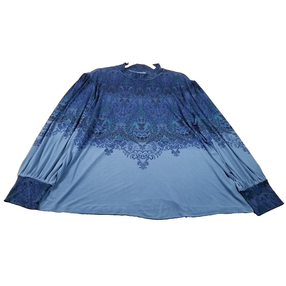 Susan Graver Top Women's 2X Plus Blue Floral Swirls Long Sleeve Mockneck Stretch
